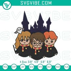 three harry potters in front of a castle with hogwart's on it