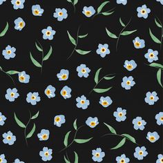 blue flowers and green leaves are on a black background with yellow centers in the center