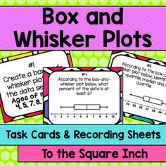 Box-and-Whisker Plot Task Cards and Recording Sheets, CCSS: 6.SP.4Included in this product: *20 unique task cards dealing with reading and interpreting box-and-whisker plots.*4 different recording sheets*Answer KeyThese cards are great for math centers, independent practice, "SCOOT" and other cooperative learning models.Looking for Box and Whisker No Prep Interactive Notebook Pages? Stem And Leaf Plot, Frequency Table, Dot Plot, Picture Storage, Middle School Math Teacher, Math Journal, Math Task Cards, Math Workshop