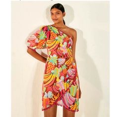 Size Xl Nwt Farm Rio “Fruit Salad” Vibrant Print Dress With Lace Trim Mini Dress. One Shoulder Neckline Short Puff Sleeves With Elastic Cuffs Slim Silhouette Mini Dress Length Side Zipper Cotton Material Lace Trim Mini Dress, Dress With Lace Trim, One Sleeve Dress, Dress One Shoulder, Cutout Maxi Dress, Tropical Dress, Striped Mini Dress, Farm Rio, Dress With Lace