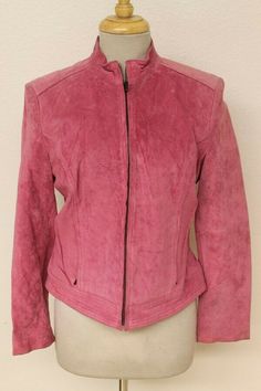 WOMENS VALERIE STEVENS HOT PINK SUEDE/LEATHER JACKET SZ S ITEM FEATURES Brand: VALERIE STEVENS HOT PINK SUEDE/LEATHER JACKET  Material           Outside: SUEDE/Leather             Liner: NYLON            Condition         Outside: Very Good. Minor nicks and scuffs. (see pictures)         Liner: Very Good  (see pictures) Size: S (SEE MEASUREMENTS) (Sizes vary between brands and eras, so please use the measurements below for a better gauge of actual size.) Measurements (measured flat) Chest (armpi Fitted Suede Leather Jacket With Suede Overlays, Pink Leather Jacket For Fall, Pink Fitted Leather Jacket, Fitted Pink Leather Jacket, Fitted Pink Leather Outerwear, Miss Priss, Vests For Women, Suede Leather Jacket, Pink Crewneck