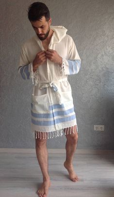 Turkish towel robe unisex Ecofriendly Beach SPA Pool Long Sleeve Summer Robe For Home, Summer Long Sleeve Home Robe, Long Sleeve White Robe For Vacation, White Long Sleeve Robe For Vacation, White Long Sleeve Bathrobe, White Long Sleeve Bath Robe, White Long Robe For Vacation, Blue Cotton Robe For Relaxation, White Long Sleeve Beach Robe