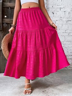 Hot Pink Casual Collar  Woven Fabric Plain Layered/Tiered Embellished Non-Stretch  Women Clothing Mexican Skirts, Hot Pink Skirt, Ruffle Hem Skirt, Peasant Skirt, Maxi Rok, Tiered Maxi Skirt, Women Skirts, Spring Skirts, Wardrobe Inspiration