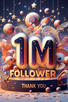 the letter m is surrounded by balloons and confetti in this 3d image, which reads i'm follower thank you