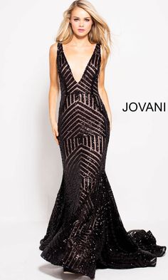 Here's a Jovani mermaid prom dress with a striped sequin pattern that will have you dazzling the crowd. Sparkling from the sleeveless bodice to the end of the short train, this sequin prom dress hugs the curves through the hips in a classic mermaid silhouette. The wide v-neckline and open v-back create a visually slimming effect when you wear this backless prom dress. Sheer mesh supports the open sides that add a sassy touch to this sultry style. For a dramatic entrance to your next formal event Jovani Prom, Prom Dresses Long Mermaid, Short Dress Styles, Pageant Gowns, Dress Images, Glass Slipper, Long Sleeve Short Dress, Long Bridesmaid Dresses, Dresses Formal