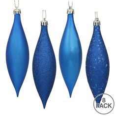 three shiny blue christmas ornaments on a white background