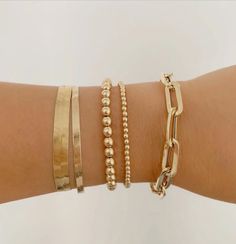 Hrh Collection, Gold Bracelet Simple, Gold Outfit, Gold Bracelet For Women, Gold Bracelets, Gold Bangles, Jewelry Trends, Bracelet Designs, Stretch Bracelets