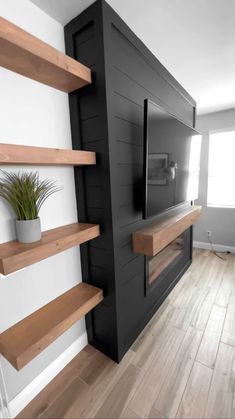 there is a tv on the wall in the room with shelves and a potted plant