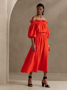 Bria Linen Midi Skirt | Banana Republic Womens Linen Clothes, Banana Republic Outfits, Orange Midi Skirt, Linen Midi Skirt, Summer Formal Dresses, Midi Skirt Outfit, Cotton Dress Summer, Linen Skirt, Orange Dress