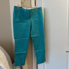 Brand New With Tags From Jcrew Factory Casual Fitted Turquoise Pants, Fitted Turquoise Casual Pants, Blue Mid-rise Fitted Capris, Turquoise Fitted Bottoms For Spring, Fitted Turquoise Bottoms For Spring, Blue Fitted Mid-rise Capris, Blue Mid-rise Capris For Work, Mid-rise Blue Capris For Work, Light Blue Cotton Pants For Work