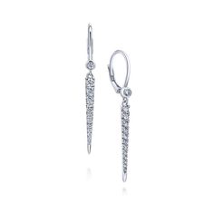 A chic pair of drop earrings each featuring a single tapered column of icy diamonds. White Gold Drop Earrings, Push Gifts, White Diamond Earrings, Wedding Band Designs, Rings Fashion, Diamond Education, Diamond Drops, Jewelry Repair, Drop Earring