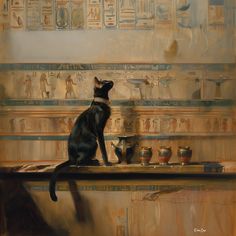 a painting of a black cat sitting on top of a counter