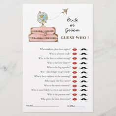 a bookmark with an image of a suitcase and the words, bride or groom guess who?