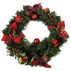 a christmas wreath with red and green decorations