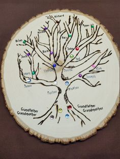 a family tree is shown on a white plate with many names in the center,