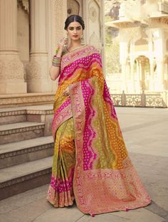 Pure Banarasi silk saree multi color with stitched blouse. Fits size 38/40. Note: we can accommodate  size adjustments for nominal charges.  Please let us know any questions prior to order. We offer Free shipping from North Carolina. Zari Saree, Wedding Sarees Online, Banarasi Silk Saree, Indian Bridal Fashion, Party Kleidung, Art Silk Sarees, Ladies Gown, Embroidered Wedding, Silk Sarees Online