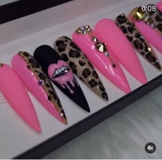 Elegant Bling Nails, Leopard And Pink Nails, Lip Nail Designs, Hot Pink Leopard Nails, Hot Pink Nails With Rhinestones, Hot Pink Bling Nails, Hot Pink And Black Nails Acrylics, Hot Pink Nail Art, Lip Nails