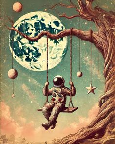 an astronaut sitting on a swing in front of a tree with the moon behind him