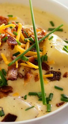 a white bowl filled with potato soup topped with cheese and green onion garnish