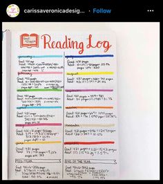 an open book with writing on it and the words reading log written in different colors