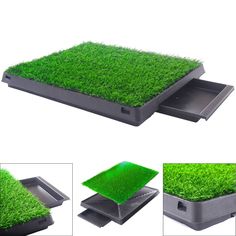 the grass mat is placed on top of two trays with one section open and another side closed