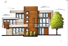 this is an artist's rendering of a two story house with trees in front