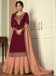 Ethnic Plus is offering Maroon & Peach Embroidered Georgette Wedding Wear Lehenga Suit available at affordable prices. Product Price:- ₹4,549.00 Long Choli Lehenga, Shamita Shetty, Pink Kurti, Pakistani Lehenga, Silk Anarkali Suits, Indian Dresses Online, Choli Dress, Lehenga Suit