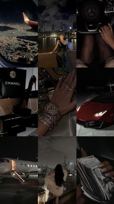 a collage of photos with different types of jewelry and accessories on them, including an airplane in the background