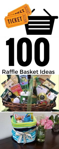 the words raffle basket ideas are shown above an image of baskets and flowers on a table