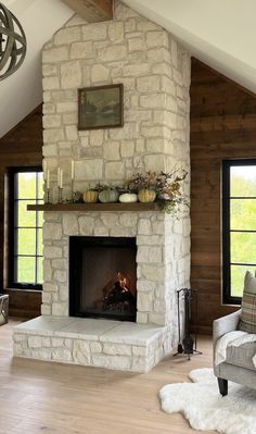 a living room with a fire place in it