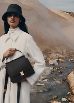 Polène | Bag - Numéro Sept - Black Textured leather Bags Photography, Structured Bag, Gold Work, Beautiful Lines, Black Textures, Day Bag, High Quality Leather, Editorial Fashion, Calf Leather