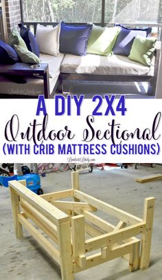 the diy 2x4 outdoor sectional with crib mattresses is shown in this collage