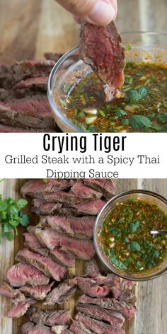 grilled steak with spicy thai dipping sauce in a glass bowl on a cutting board