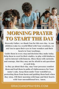 a poster with the words morning prayer to start the day and two children looking at each other