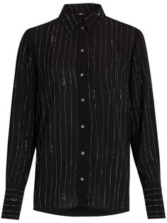 black pinstripe pattern crystal embellishment logo embellishment classic collar front button placket long sleeves buttoned cuffs straight hem Pinstripe Pattern, Embellished Shirt, Yoko London, City Dress, Summer Beach Wear, Crystal Embellishment, Airport Style, Karl Lagerfeld, Jacket Tops