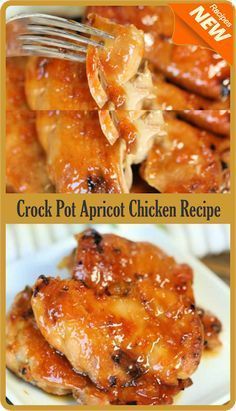 crock pot apricot chicken recipe on a white plate with a fork in it