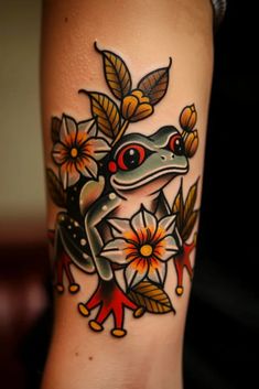 a frog on the arm with flowers around it