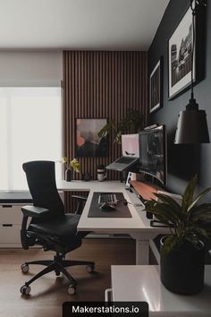 an office with a desk, chair and television in the corner is featured on this page