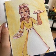 a person holding up a drawing of a woman in an apron with plates on her hand