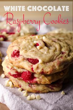 white chocolate raspberry cookies stacked on top of each other with text overlay