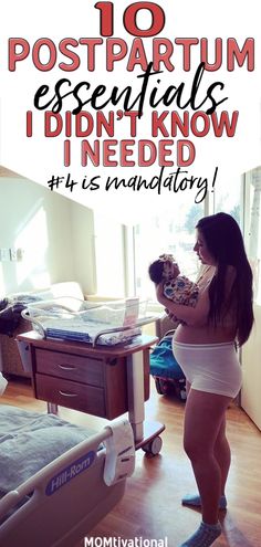 a woman standing in front of a bed holding a teddy bear with the caption 10 postpartum essentials i didn't know i needed