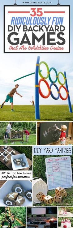 an advertisement for ridiculous fun backyard games at the park with pictures of people playing and having fun