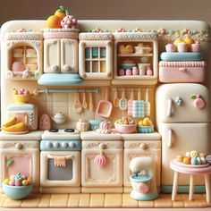 a toy kitchen with lots of toys on the counter and in the wall, including an oven