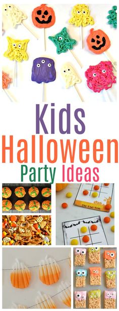 kids'halloween party ideas including candy, marshmallows and candies with text overlay