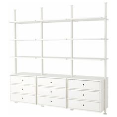 a white shelving unit with drawers and shelves on each side, against a white background