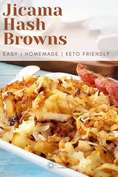 the cover of a cookbook with an image of bacon hash browns in a casserole dish