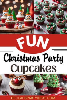 christmas party cupcakes with text overlay that reads fun christmas party cupcakes