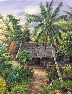 a painting of a hut in the jungle with chickens and palm trees on the side