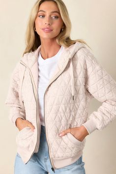 Stay cozy in style with the Stormy Skies Ivory Quilted Jacket. The unique ivory color adds a pop of warmth to your wardrobe while the quilted design provides extra insulation for those chilly days. Zip it up for a snug fit or leave it open for a relaxed look. This ivory quilted jacket features a high neckline, a zipper closure, functional hip pockets, a quilted design, a thick hem and cuffed long sleeves.  Shell: 95% Polyester & 5% Spandex Inside: 100% Polyester  Unlined  Hand Wash Cold  Manufactured in China  Designed in The USA  Model is wearing a size small Stormy Skies, Going Out Looks, Preppy Girls, Rush Dresses, China Design, Concert Looks, Cardigan Crop, Dress Bra, Long Crop Top