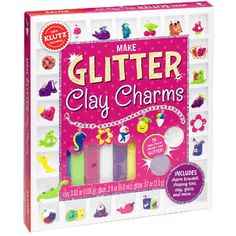 the make glitter clay charms kit is shown in front of a white box with pink background